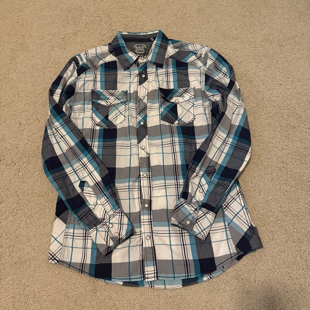 BKE Shirt Mens Large Athletic Fit Long Sleeve Pearl Snap Button Up 100% Cotton